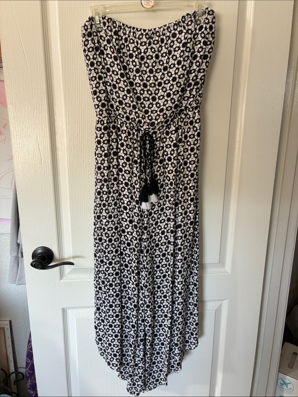 Xhilaration Black and White Floral Strapless Jumpsuit with Tassel Tie